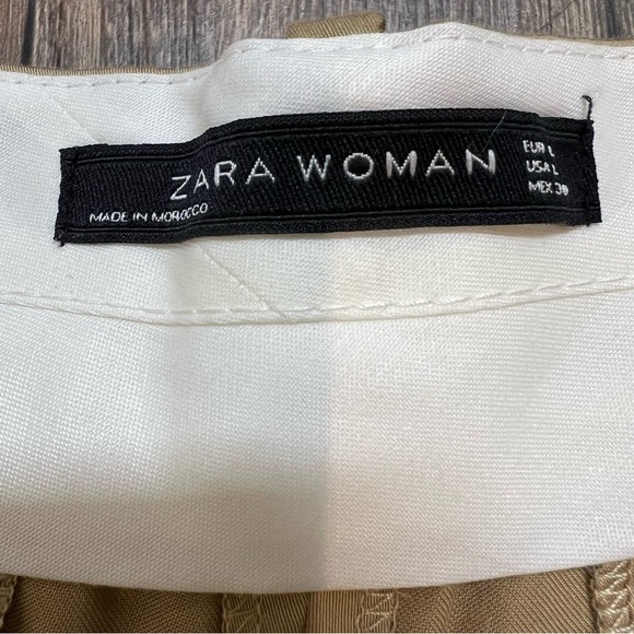 Zara Women's Wide Leg Mid Rise Front Pleated Beige Cotton Blend Pants Trouser XL - Picture 4 of 10